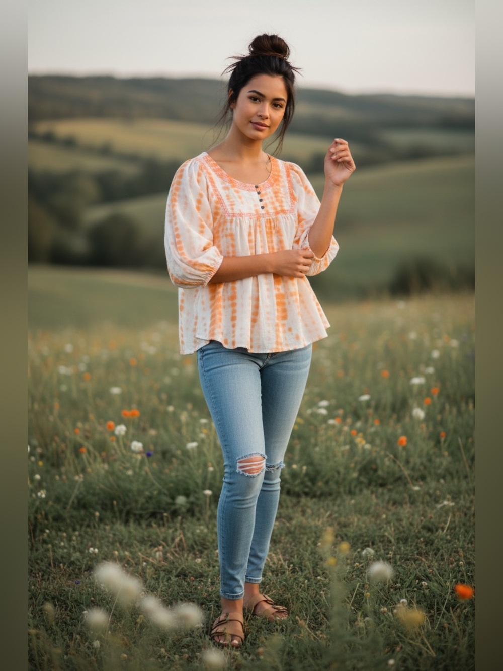 True Craft Orange and White Tie-Dye Peasant Tunic